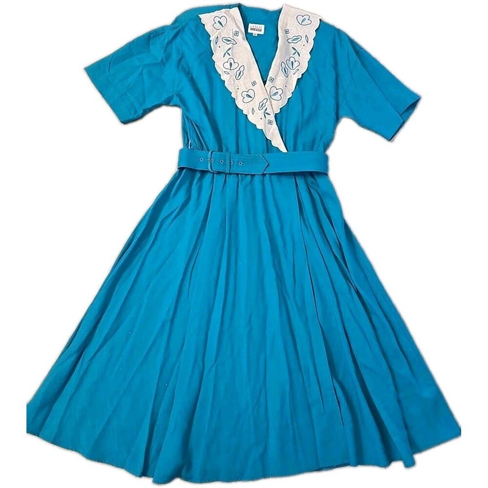 Vintage Leslie Fay Teal Embroidered Lapel Dress 14 Secretary Cottagecore